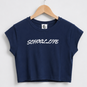 Navy Blue School Life Graphic Crop Top
