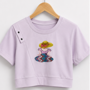 Lavender Cartoon Girl Embroidered Crop Top
